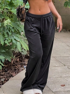 Pantaloni neri in velluto a gamba larga da donna con vita elastica e coulisse regolabile