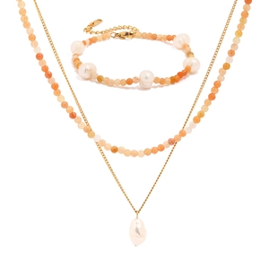 Baroque natural stone necklace and bracelet set with 18K gold plated beads and pearls