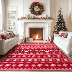 Detail of red Christmas carpet featuring white snowflake and reindeer patterns in a cozy room
