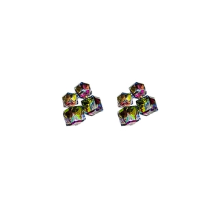 Luminous geometric crystal stud earrings featuring a modern iridescent cube design