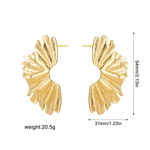 Detailed view of irregular 18K gold leaf earrings with dimensions and weight specs