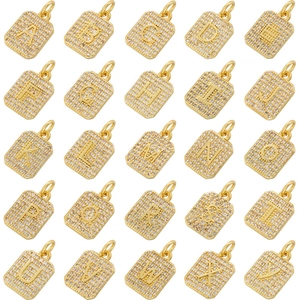 Luxury gold plated A-Z initial square pendants with cubic zirconia micro-pave setting