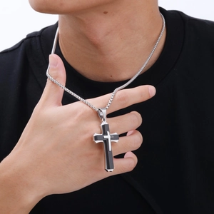 Men's stainless steel layered cross pendant necklace with black accents on box chain
