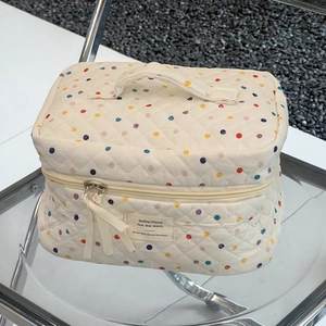 Detail of colorful polka dot quilted makeup bag with handle and dual zipper on chair