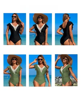 Detail of ruffled sleeves and white lace splicing on women's V-neck one-piece swimwear