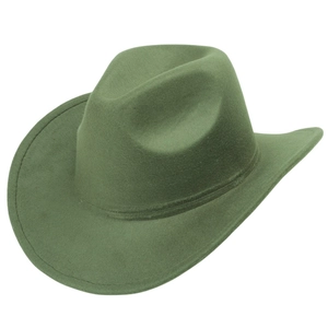 Detail of dark green wide brim fedora hat with classic indented crown and fine stitching