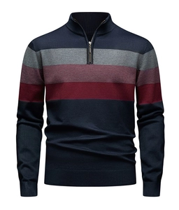 Detail of navy grey burgundy striped knit sweater featuring half-zip stand collar