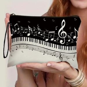 Portable piano notes print makeup bag with keyboard design and black zipper handle