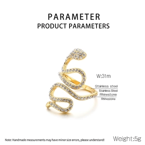 Detail view of 18K gold plated snake ring with crystals and 31mm width specifications