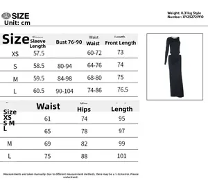 Size chart for women cropped long sleeve top and split skirt set with detailed measurements