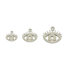 Three different sizes of silver stainless steel eye pendants with eyelash details on white