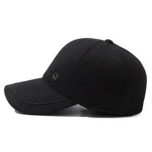 Men's winter baseball cap in black twill fabric with warm ear flaps and metal detail