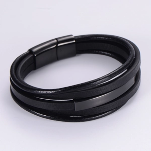 Multi-layer black PU leather bracelet for men featuring a magnetic metal clasp and sleek design