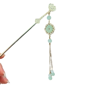 Épingle à cheveux chinoise traditionnelle dorée avec pierre de jade vert clair et pompon