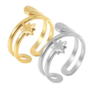 Polished 18k gold and silver six-pointed star double-layer adjustable rings for women