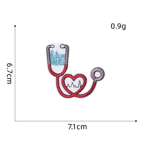 Detailed view of stethoscope heart embroidery patch with future nurse text and dimensions