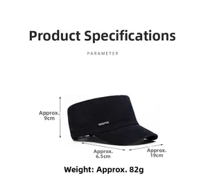 Flat top military cap measurements showing 9cm height and 6.5cm brim on black cotton