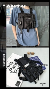 Detail view of tactical chest bag with three pockets and walkie-talkie slot