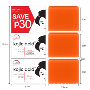 Detailed view of Kojic acid soap 3-pack with orange bars and exact size measurements