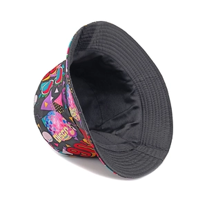 Retro 90s disco graffiti bucket hat for men and women featuring colorful vintage prints