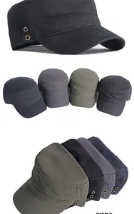 Detailed views of cotton flat top cadet caps with metal eyelets and Sports badge in four colors