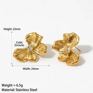 Gold flower-shaped stainless steel earrings with pear-cut zircon inlay and matte finish