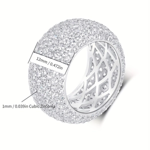 Detail shot of 12mm wide ring with cubic zirconia stones and geometric hollow grid