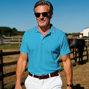 Detail of bright blue polo shirt featuring classic tricolor striped collar detail