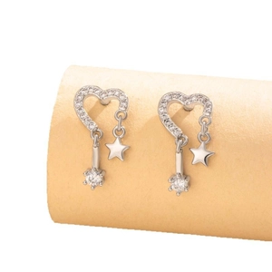 Silver hollow heart stud earrings with sparkling cubic zirconia and star charms