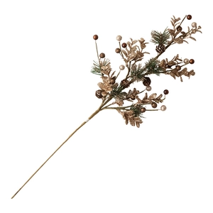 Champagne gold Christmas pine branch with pine cones and glitter leaves for home decor