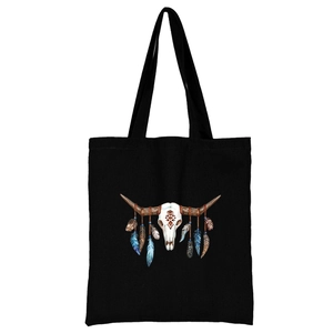 Schwarze Canvas-Tragetasche mit Boho-Stierkopf und buntem Federdruck-Motiv