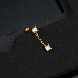 Gold paperclip chain cartilage stud earring with double white zircons and screw back