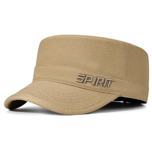 Khaki cotton cadet cap with SPIRIT embroidery shown from a 45-degree side angle view