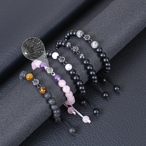 Projection bracelet with 8mm map stones showing 100 languages I Love You on black leather