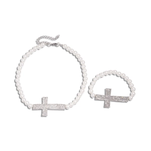 Baroque style pearl cross necklace and bracelet set with sparkling rhinestones