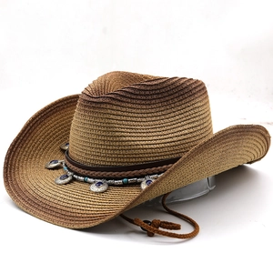 Western style straw cowboy hat with wide brim, turquoise bead band and windproof chin cord