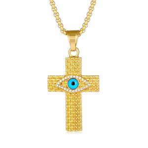 Collier croix en acier plaqué or avec œil maléfique et pavé de diamants brillants