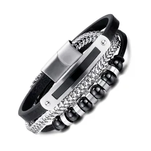 Men Multi Layer Bracelet Leather Stainless Steel Chain Beaded Punk Style Fashion Wristband Magnetic Clasp Jewelry