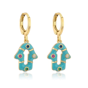 18K gold plated Hamsa hand earrings with turquoise enamel and colorful zircons