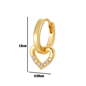 Gold heart drop earring with cubic zirconia and dimensions 1.8cm by 0.98cm shown on white