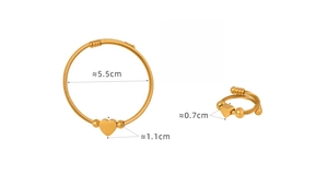 Detail view of gold cable wire jewelry set featuring heart charms and size dimensions