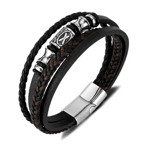 Men Multi Layered Braided Leather Bracelet Stainless Steel Magnetic Clasp Retro Charm Punk Style Jewelry