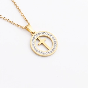 Polished gold stainless steel cross pendant necklace with sparkling crystal rhinestones
