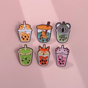 Cute set of 6 cartoon animal enamel pins featuring fox and hamster with bubble tea