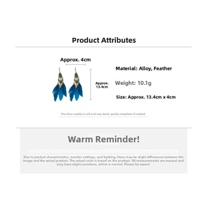 Detail view of bohemian blue feather earrings with turquoise beads and alloy hooks