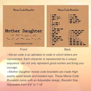 Adjustable Morse code mother-daughter bracelet set with pink crystal beads and message card