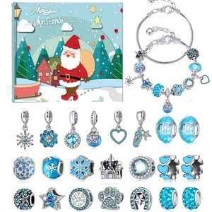 Blue Christmas advent calendar DIY bracelet kit with silver charms in festive gift box