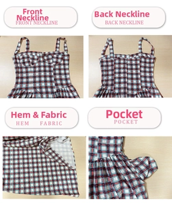 Detail shots of French style plaid dress showing neckline, hem fabric and side pockets