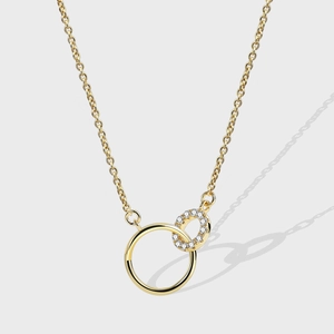 Double Interlocking Circle Pendant Necklace 18K Gold Plated Copper Geometric Clavicle Chain Zircon Fashion Women Jewelry