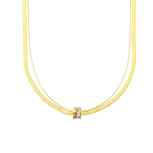 Double-layered gold titanium steel necklace featuring a crystal-inlaid circular pendant